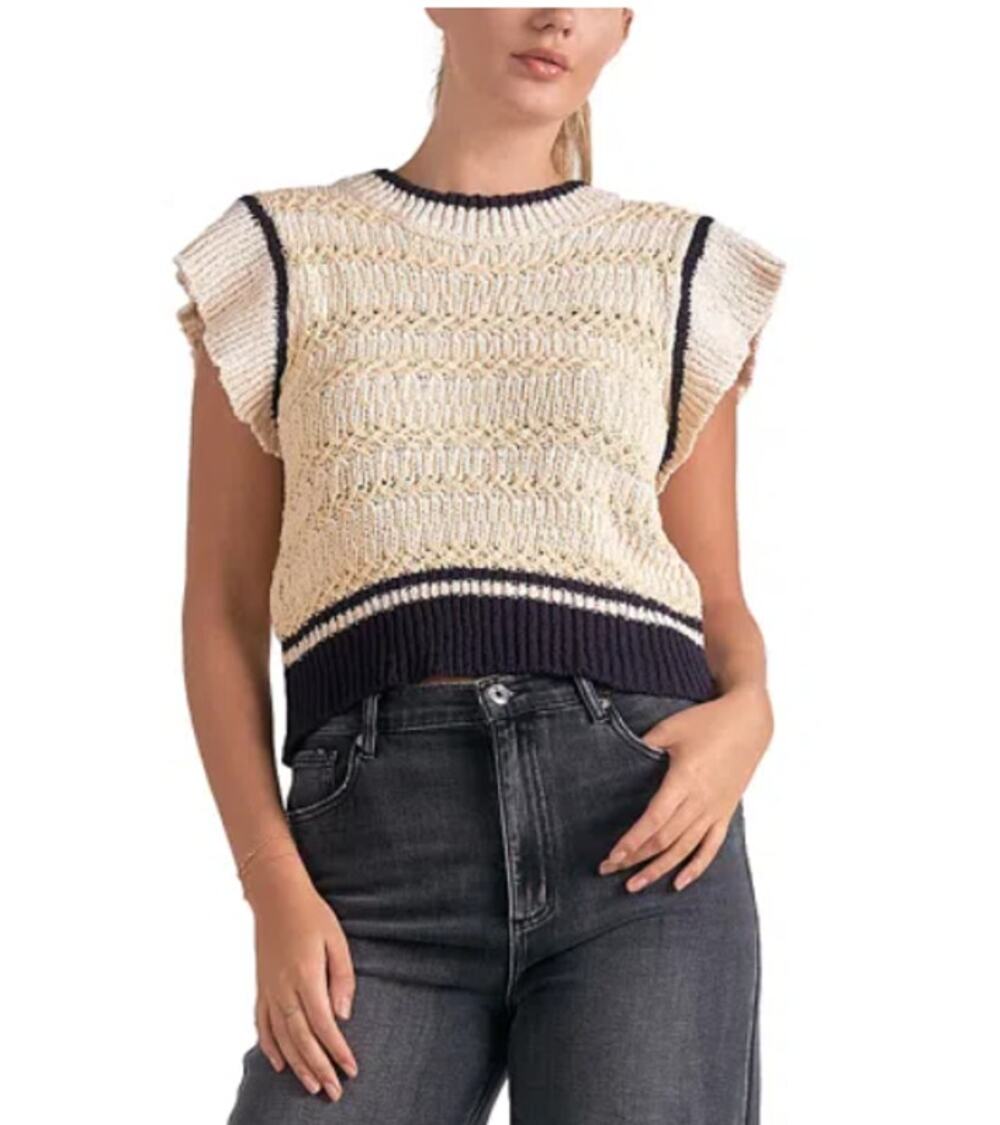 ELAN INTERNATIONAL WOMEN'S SIZE LARGE SWEATER FLUTTER SLEEVE BEIGE NAVY